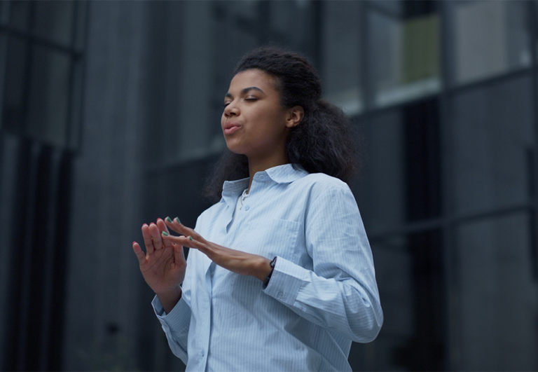 Woman meditating during a work break