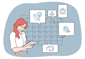 woman planning different activities as part of relapse prevention, including telehealth appointment, exercise, and nutrition