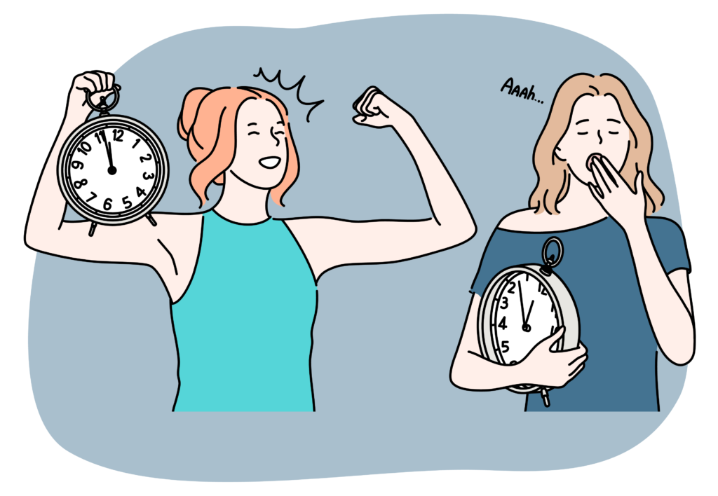 one woman showing energy with little sleep and another women showing exhaustion still after sleeping